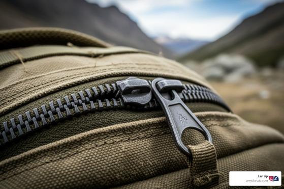 Close-up of a heavy-duty zipper on a bag with rugged mountains in the background, highlighting durability for outdoor use.