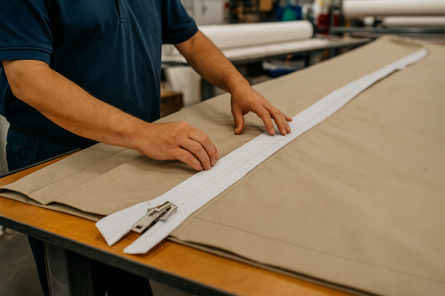 Person carefully laying out a zipper on fabric, aligning the teeth and tape for precise installation during the manufacturing process.