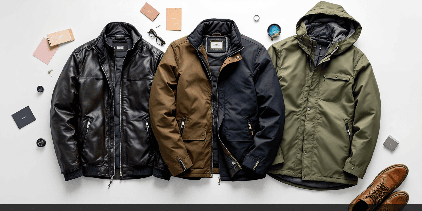 Variety of jackets with zippers.